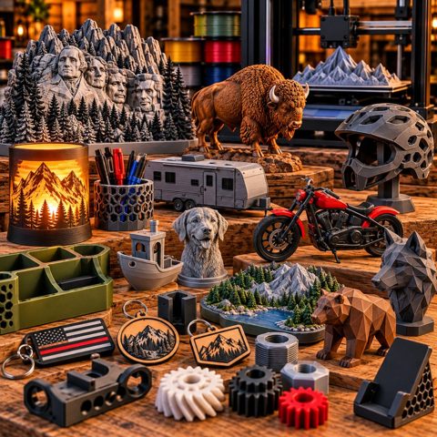 3D-printed Mount Rushmore model, bison, motorcycle, camper, helmet, gears and more
