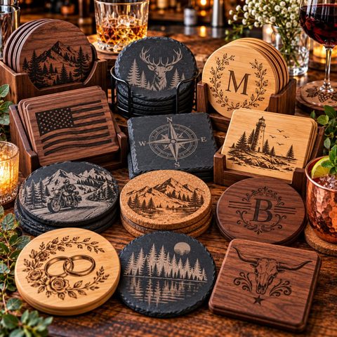 Engraved wood, slate and cork coasters with monograms, wildlife and mountain scenes