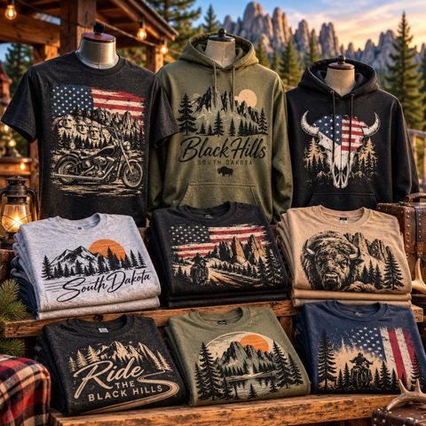 Custom T-shirts and hoodies with Black Hills, South Dakota and motorcycle designs