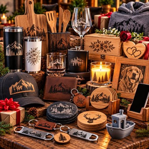 Personalized gifts including engraved tumblers, cutting boards, glassware, wallets and keepsakes