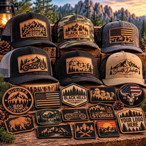 Trucker hats with engraved leather patches and a spread of custom patches